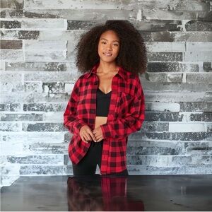 PINK Victoria Secret Red&Black Plaid Flannel Long Sleeve Button Up Shacket BNWT